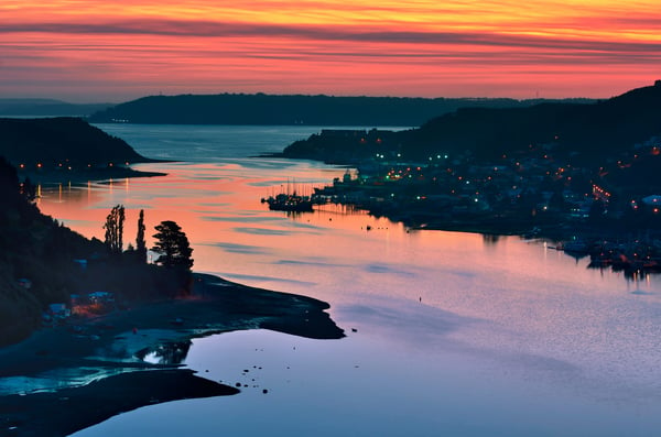 Puerto Montt port at sunset, Chile.